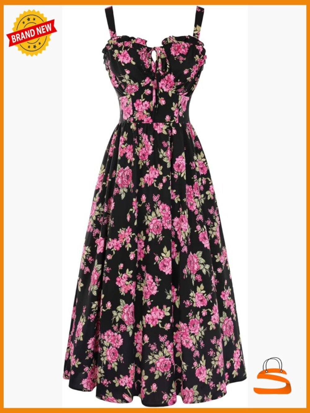 Floral Corset Milkmaid Midi Dress with Pockets Sleeveless Square Neck Lace-up
